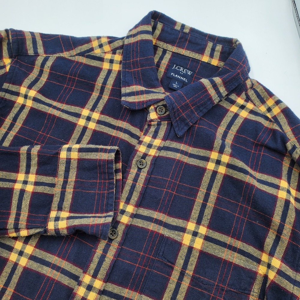 J Crew Mens Flannel Long Sleeve Button Down Shirt Blue Yellow Plaid Size L